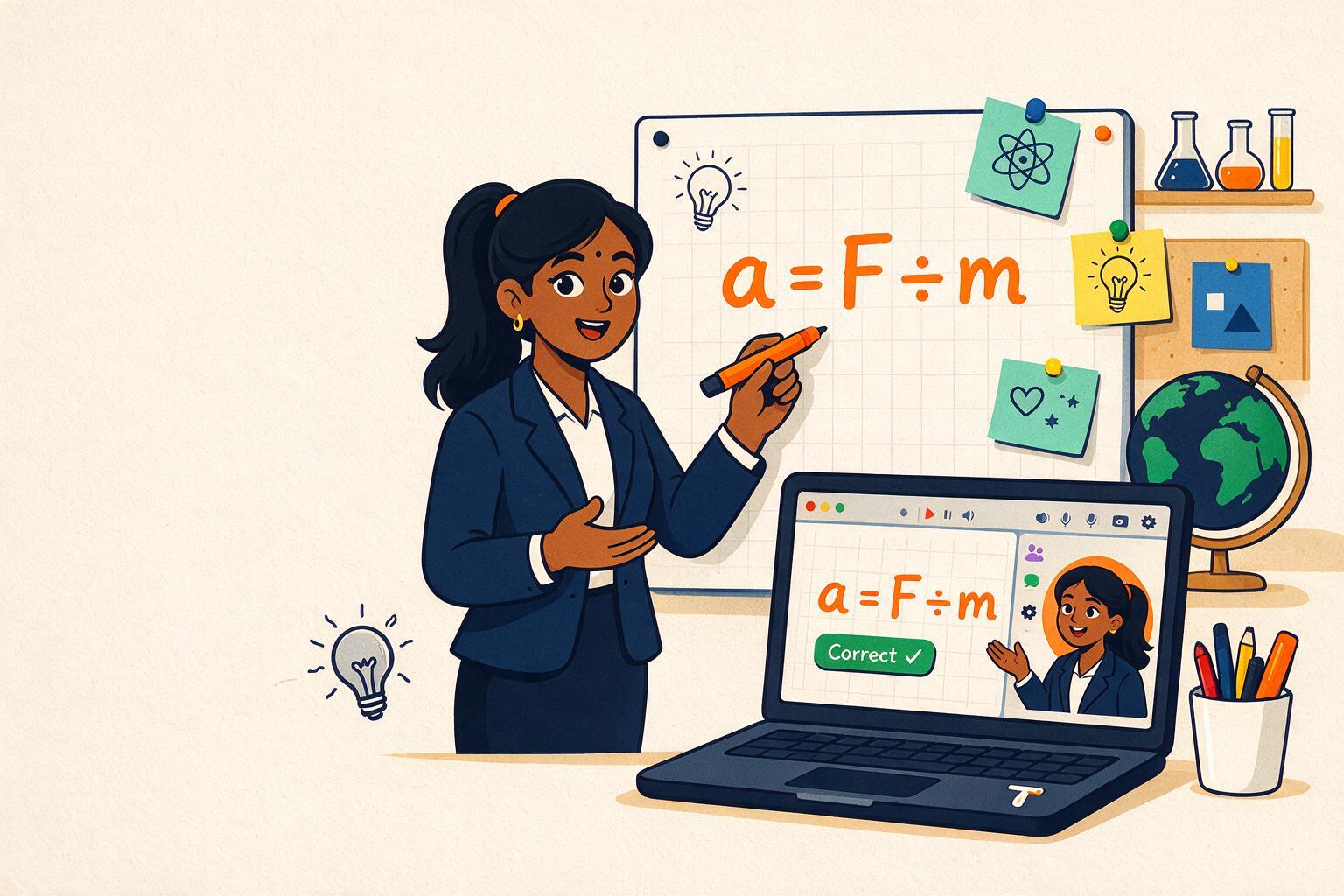 A teacher writing a = F ÷ m on a whiteboard, with the same lesson and her avatar on a laptop
