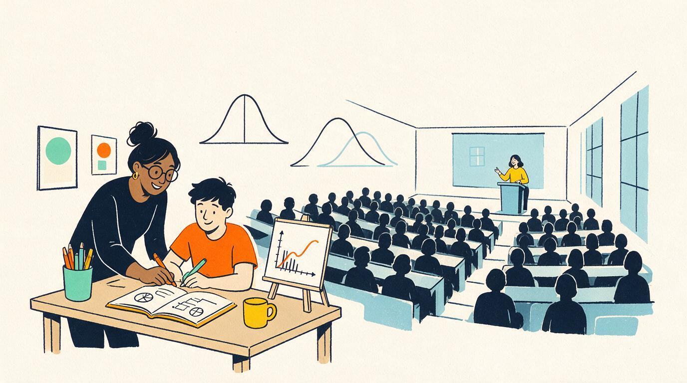 A tutor working individually with a student while a lecture hall sits in the background