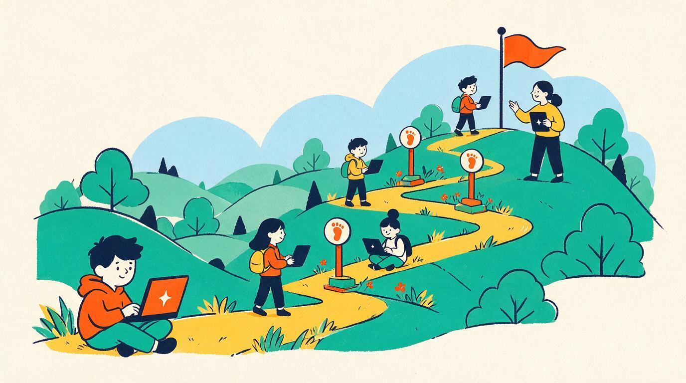 Learners on a winding path, most stopping early, one helped towards the finish flag by a guide